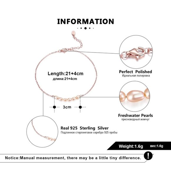 925 Rose Gold Pearl Bracelet Anklet 8'' - Picture 5 of 11